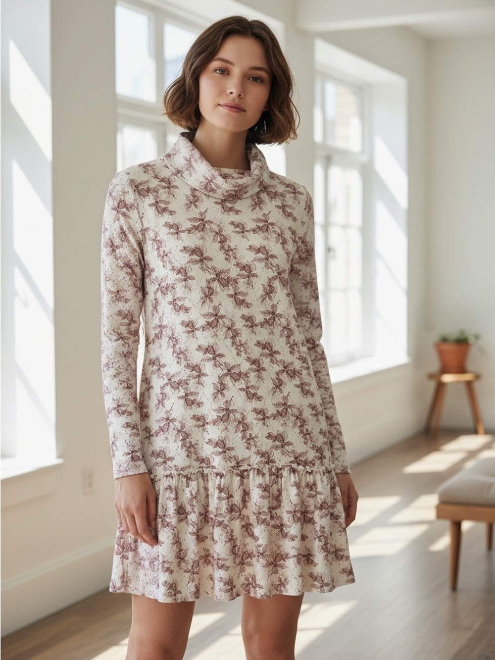 NWOT S Doe & Rae Maroon Floral Eyelet Knit Cowl Neck Drop Ruffle Hem Mini Dress